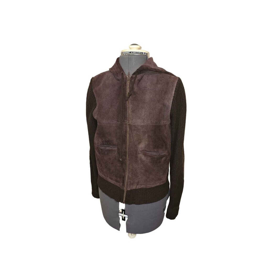 Vintage Genuine Leather &‎ Knit Brown Hooded Jacket With Zipper/Pockets S